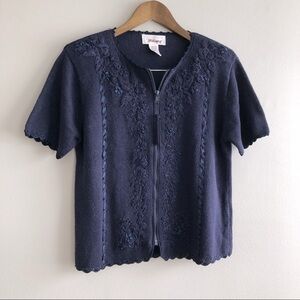 Worthington Vintage Floral Knitted Knit Zip Up Tee Shirt Cropped Top Blue